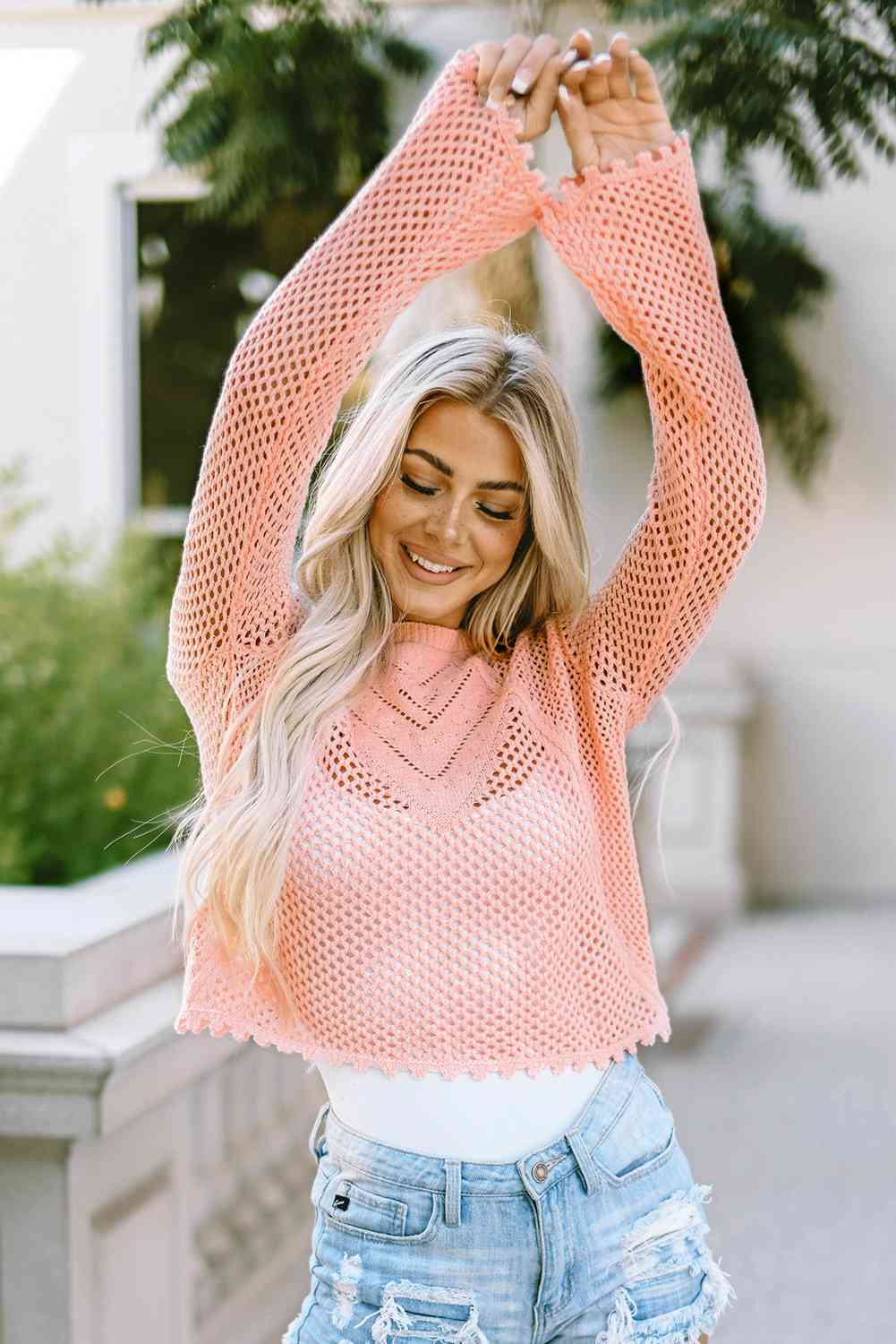 Openwork Round Neck Long Sleeve Knit Top Shirts & Tops Krazy Heart Designs Boutique   