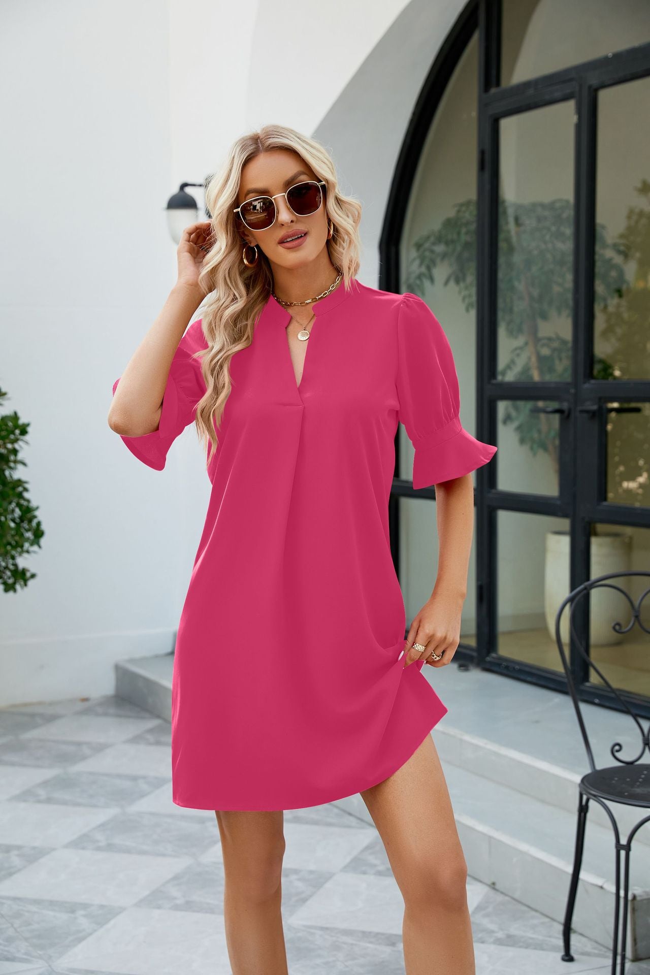 Notched Neck Flounce Sleeve Mini Dress (5 Colors)  Krazy Heart Designs Boutique Hot Pink S 