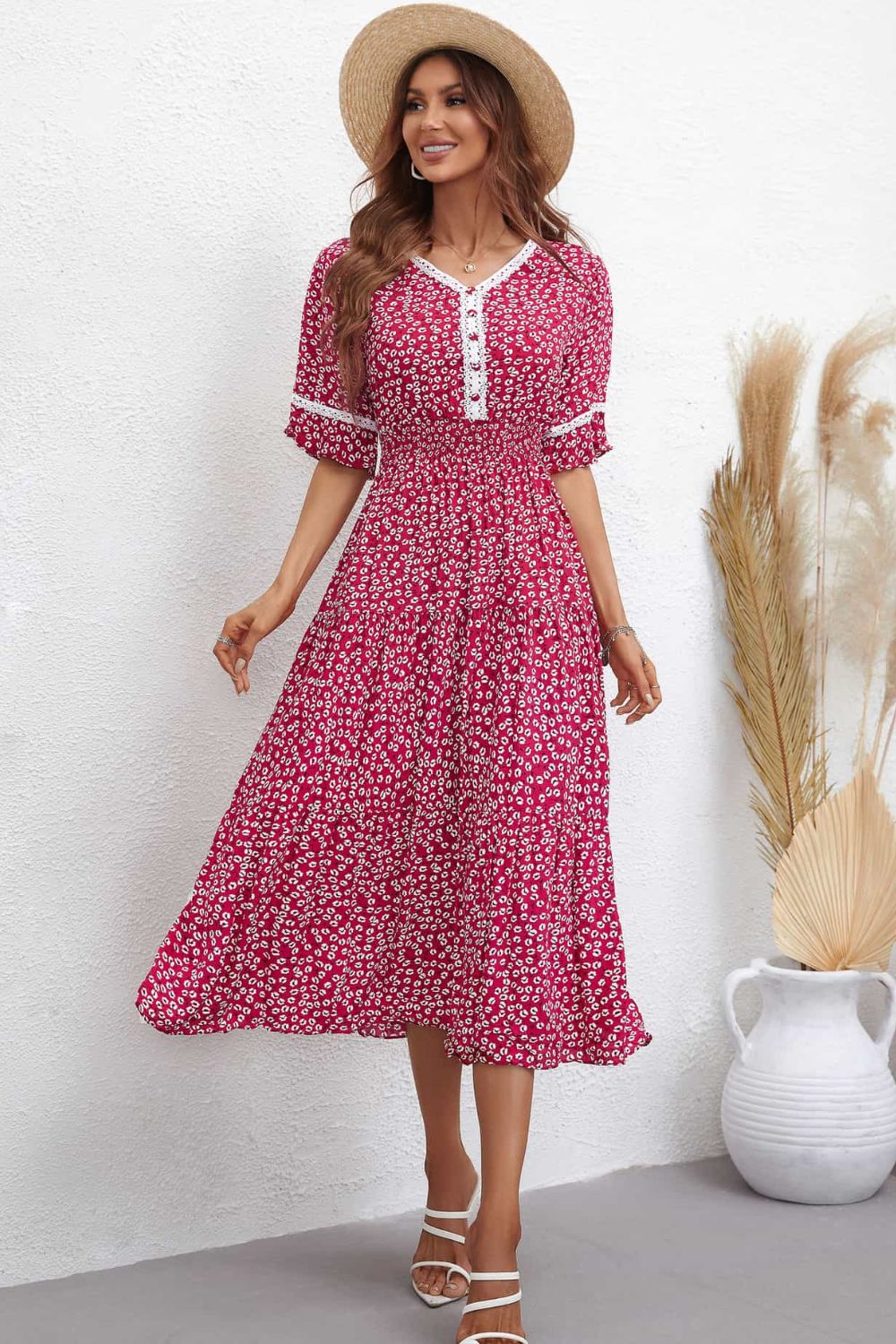 Floral V-Neck Smocked Waist Midi Dress (2 Colors)  Krazy Heart Designs Boutique   