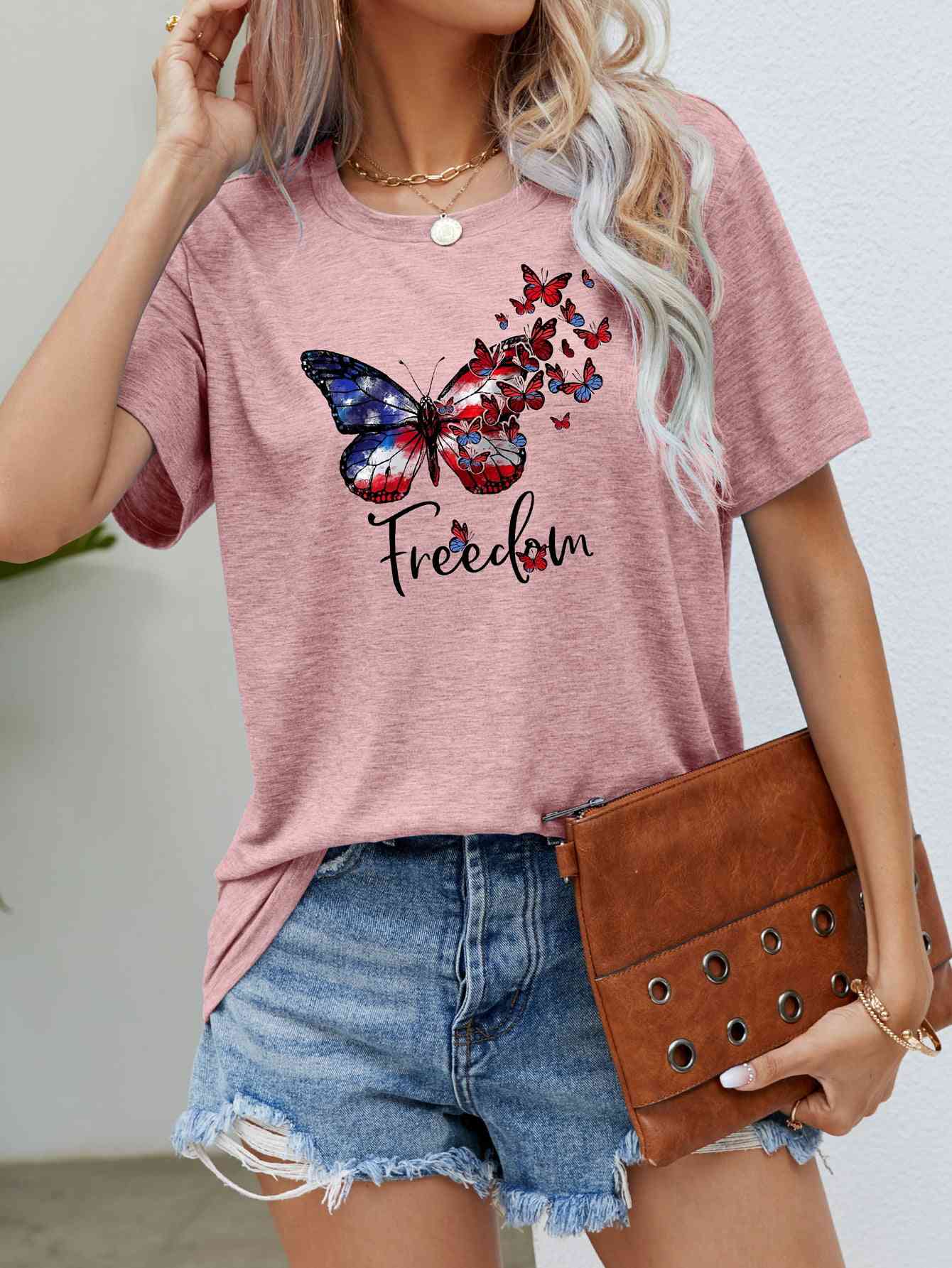 FREEDOM Butterfly Graphic Short Sleeve Tee (5 Colors)  Krazy Heart Designs Boutique Blush Pink S 