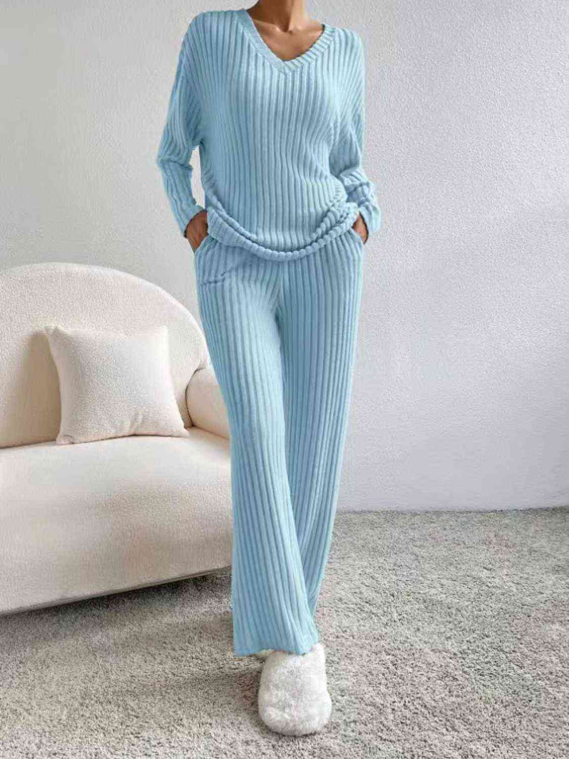Ribbed V-Neck Long Sleeve Top and Pants Set (4 Colors) Outfit Sets Krazy Heart Designs Boutique Misty  Blue XS 