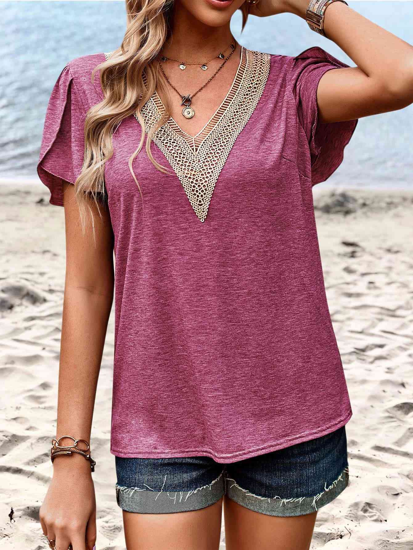 Contrast V-Neck Petal Sleeve Top (5 Colors) Shirts & Tops Krazy Heart Designs Boutique Cerise S 