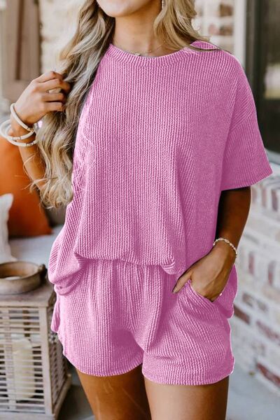 Round Neck Top and Pocketed Shorts Lounge Set Loungewear Krazy Heart Designs Boutique Fuchsia Pink S 