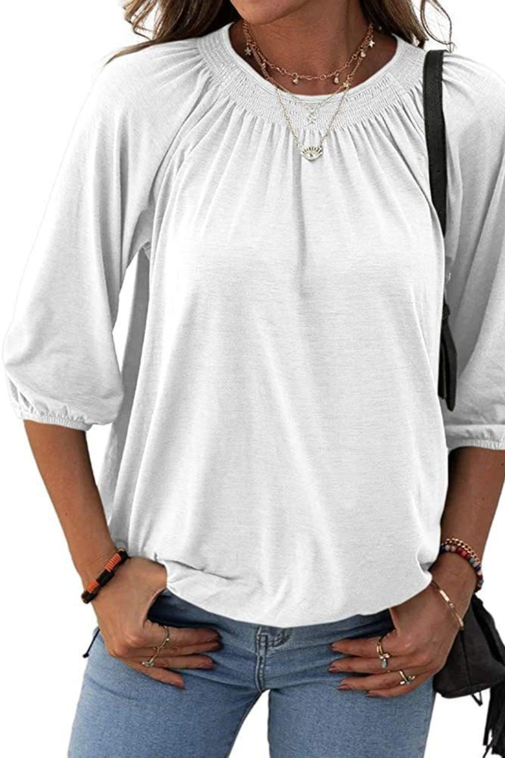 Gathered Detail Round Neck Top (8 Colors)  Krazy Heart Designs Boutique White S 