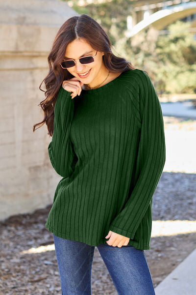 Basic Bae Full Size Ribbed Round Neck Long Sleeve Knit Top (5 Colors) Shirts & Tops Krazy Heart Designs Boutique Green S 