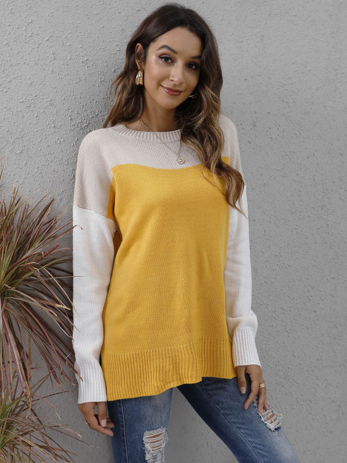 KHD Color Block Round Neck Dropped Shoulder Sweater (3 Colors)  Krazy Heart Designs Boutique   