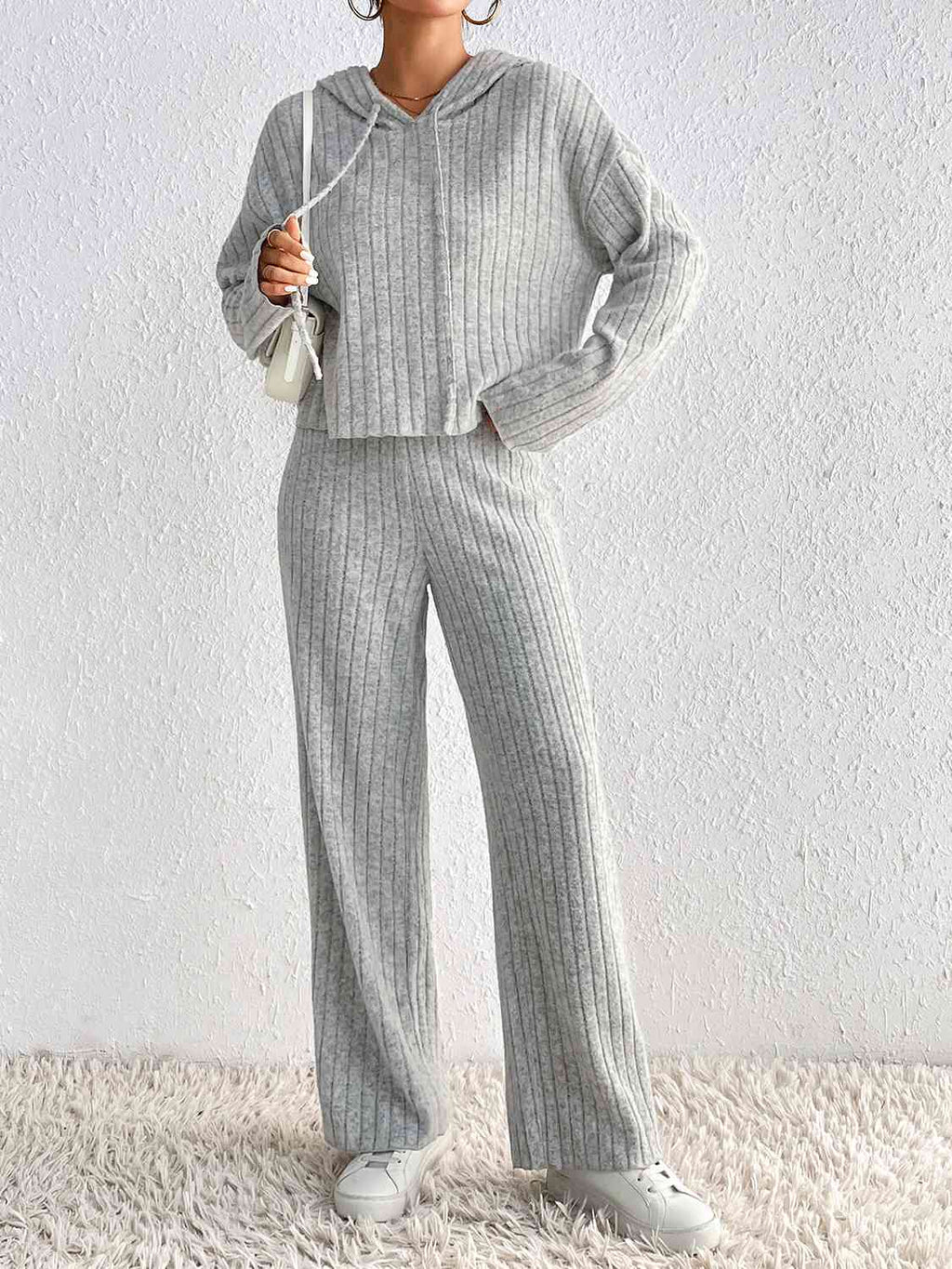 Drawstring Ribbed Hoodie and Straight Leg Pants Set Outfit Sets Krazy Heart Designs Boutique Light Gray S 