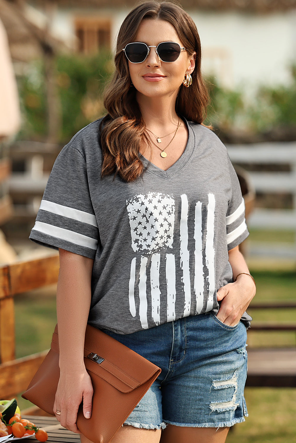 Plus Size US Flag Graphic V-Neck Tee  Krazy Heart Designs Boutique   