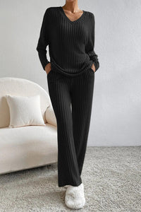 Ribbed V-Neck Top and Pants Set (5 Colors) Outfit Sets Krazy Heart Designs Boutique Black S 