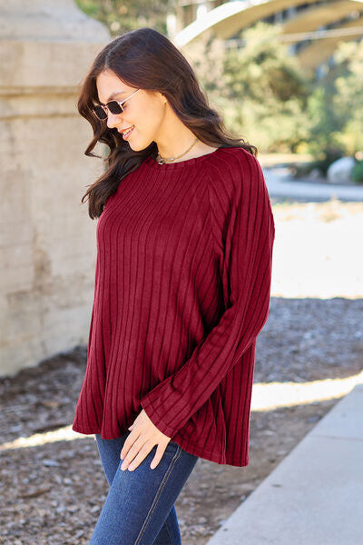 Basic Bae Full Size Ribbed Round Neck Long Sleeve Knit Top (5 Colors) Shirts & Tops Krazy Heart Designs Boutique   