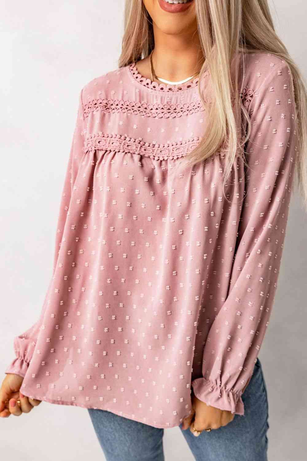 Swiss Dot Flounce Sleeve Button Detail Blouse Shirts & Tops Krazy Heart Designs Boutique Pink M 