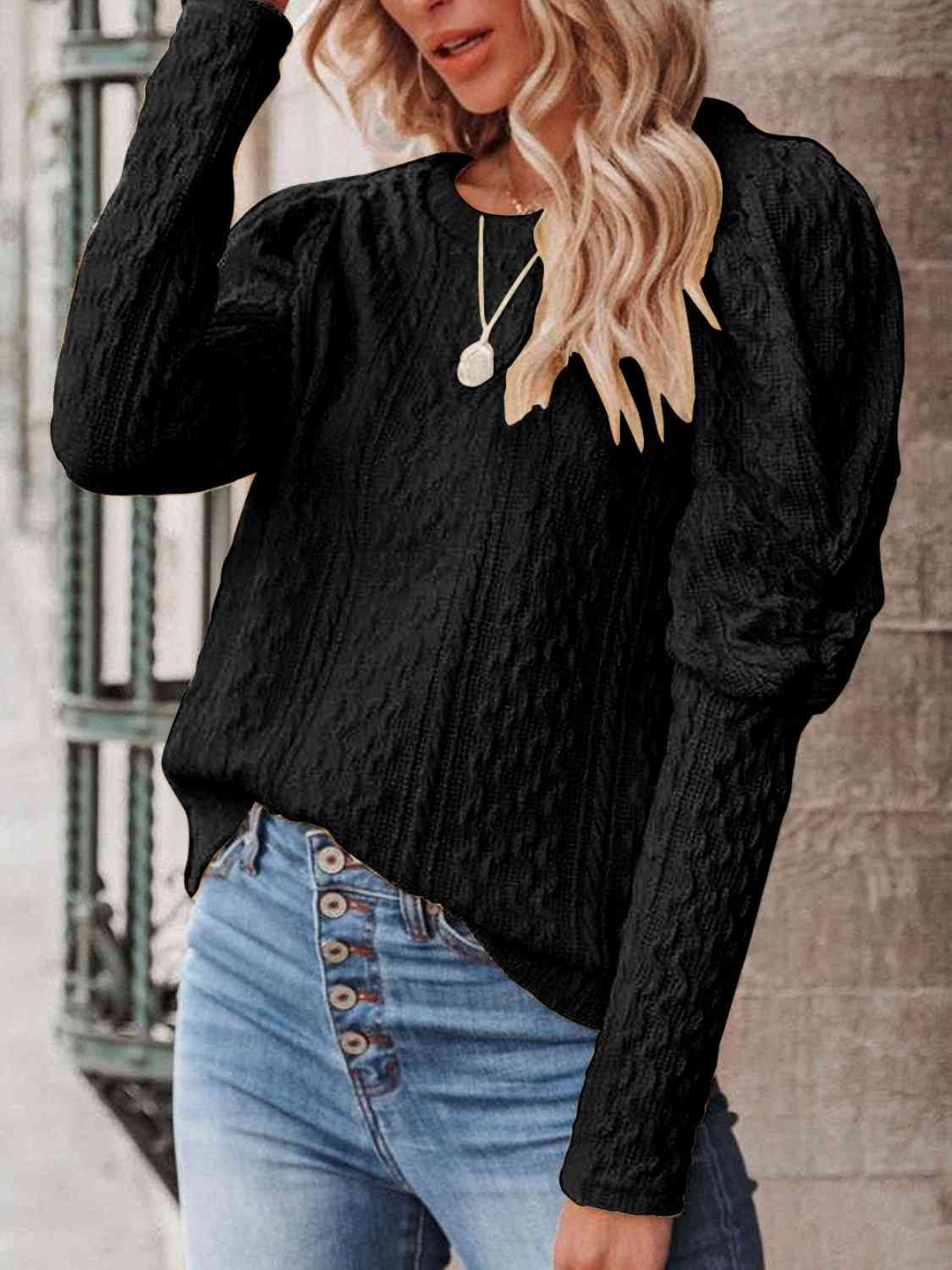 Round Neck Puff Sleeve Knit Top (5 Colors) Shirts & Tops Krazy Heart Designs Boutique Black S 