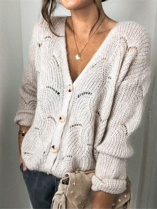 Openwork Button Up Long Sleeve Sweater (3 Colors) Shirts & Tops Krazy Heart Designs Boutique Beige S 