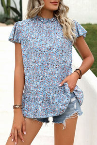 Ditsy Floral Mock Neck Short Sleeve Top (4 Colors) Shirts & Tops Krazy Heart Designs Boutique Misty  Blue S 