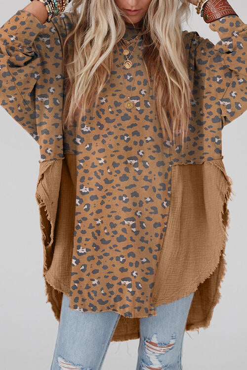 Textured Leopard Print Dropped Shoulder Blouse Shirts & Tops Krazy Heart Designs Boutique Taupe S 