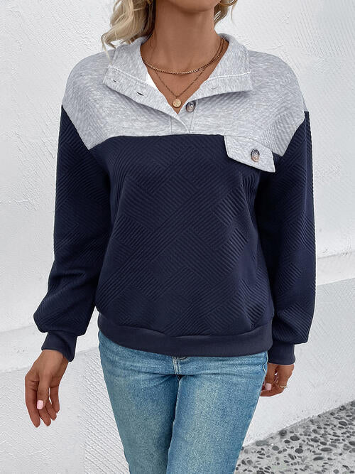 Textured Contrast Color Half Button Sweatshirt  Krazy Heart Designs Boutique Navy S 