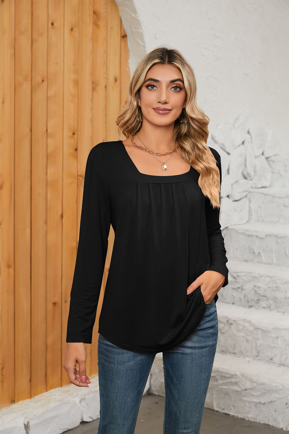 Square Neck Long Sleeve Top (7 Colors) Shirts & Tops Krazy Heart Designs Boutique Black S 