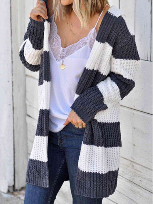 Striped Open Front Hooded Cardigan  Krazy Heart Designs Boutique White S 