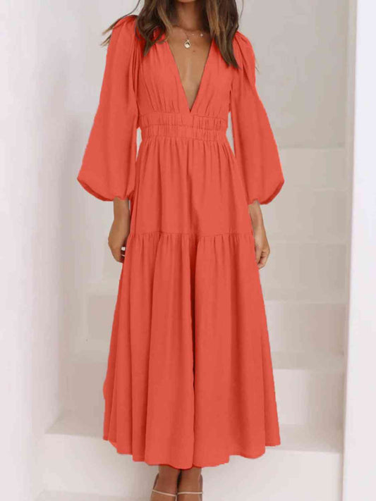 Deep V-Neck Balloon Sleeve Plain Maxi Dress (8 Colors)  Krazy Heart Designs Boutique Strawberry S 