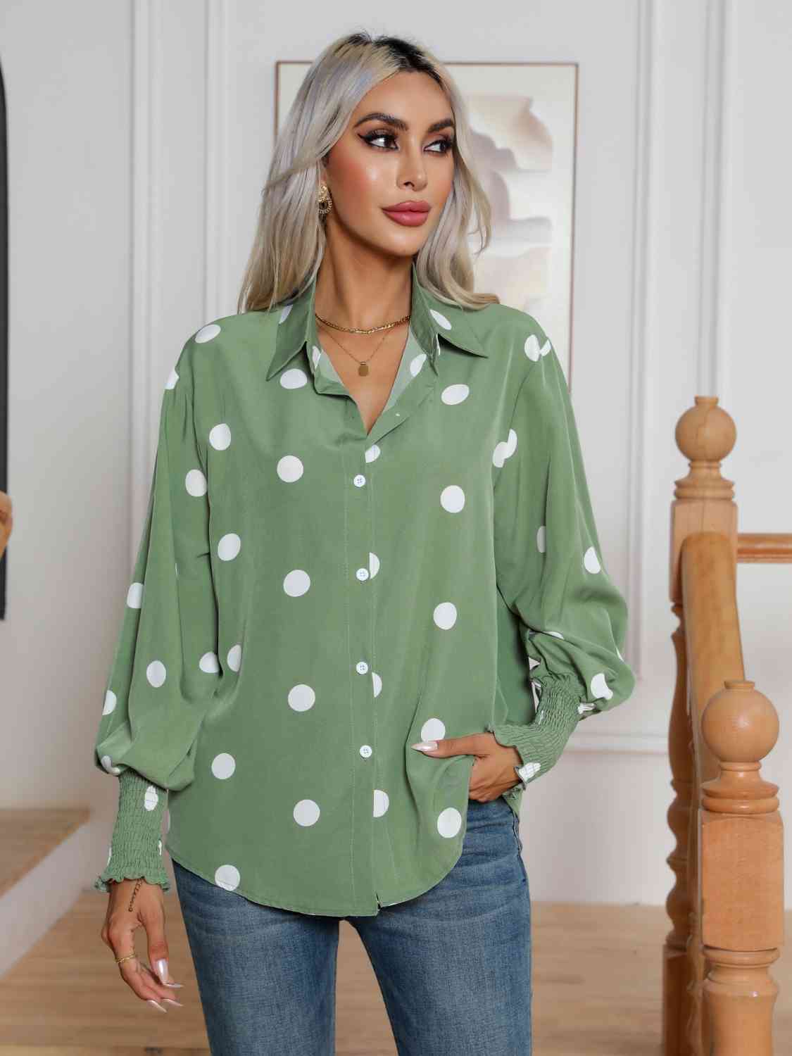 Polka Dot Collared Neck Buttoned Lantern Sleeve Shirt Shirts & Tops Krazy Heart Designs Boutique Light Green S 