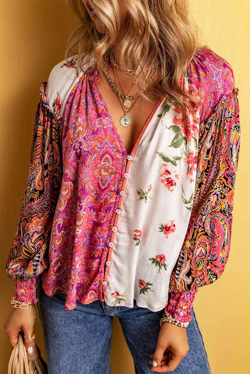 Multicolor Floral Notched Neck Lantern Sleeve Blouse  Krazy Heart Designs Boutique Strawberry S 