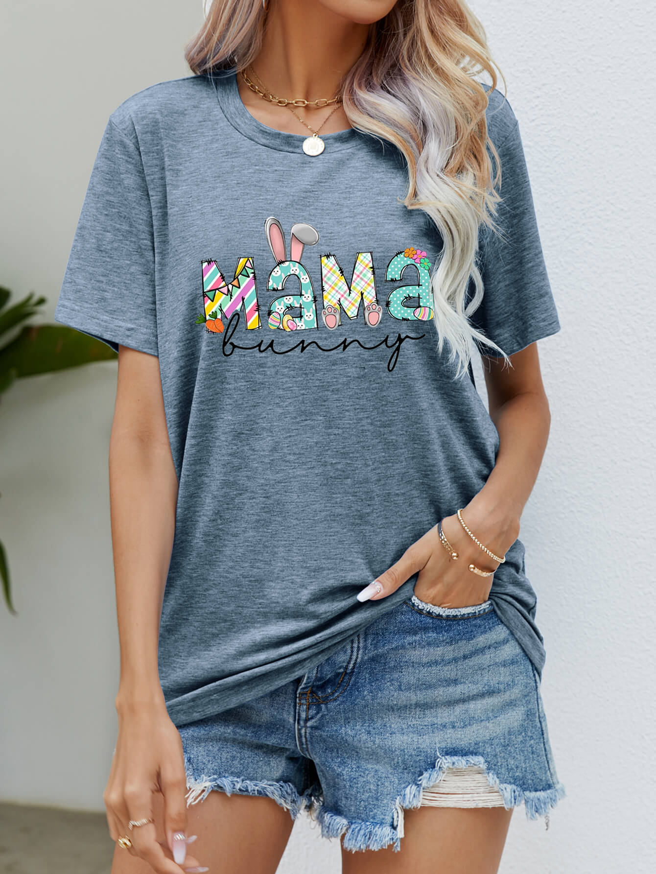 MAMA BUNNY Easter Graphic Tee (6 Colors)  Krazy Heart Designs Boutique Misty  Blue S 