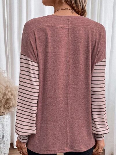 Round Neck Striped Long Sleeve Slit T-Shirt (5 Colors) Shirts & Tops Krazy Heart Designs Boutique   