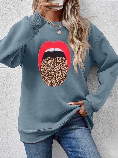 Leopard Lip Graphic Round Neck Sweatshirt (9 Colors) Shirts & Tops Krazy Heart Designs Boutique Air Force Blue S 