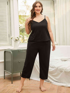 Plus Size Lace Trim Slit Cami and Pants Pajama Set (2 Colors) Loungewear Krazy Heart Designs Boutique Black 1XL 