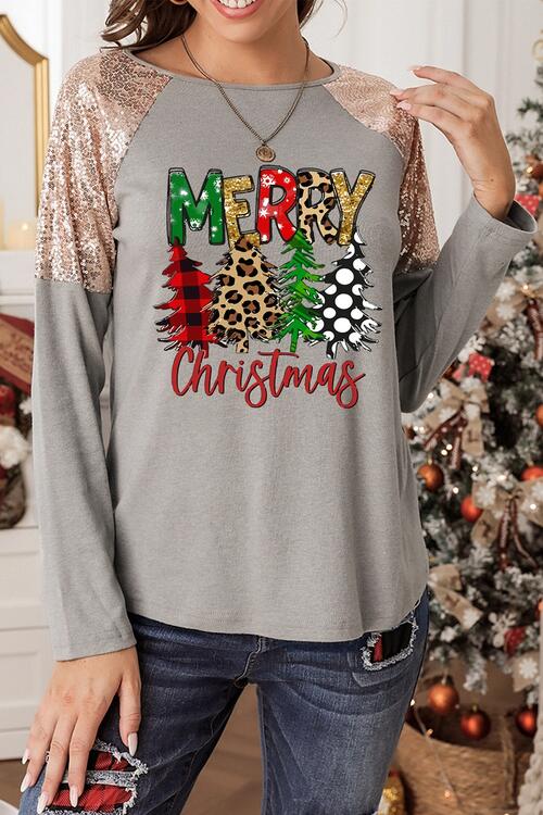 MERRY CHRISTMAS Sequin Round Neck Blouse Shirts & Tops Krazy Heart Designs Boutique   