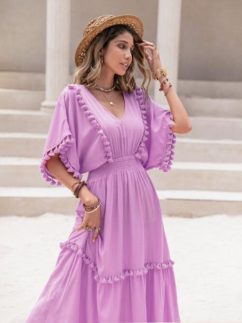 Tassel Trim Smocked V-Neck Short Sleeve Dress (7 Colors) Dress Krazy Heart Designs Boutique Heliotrope Purple S 