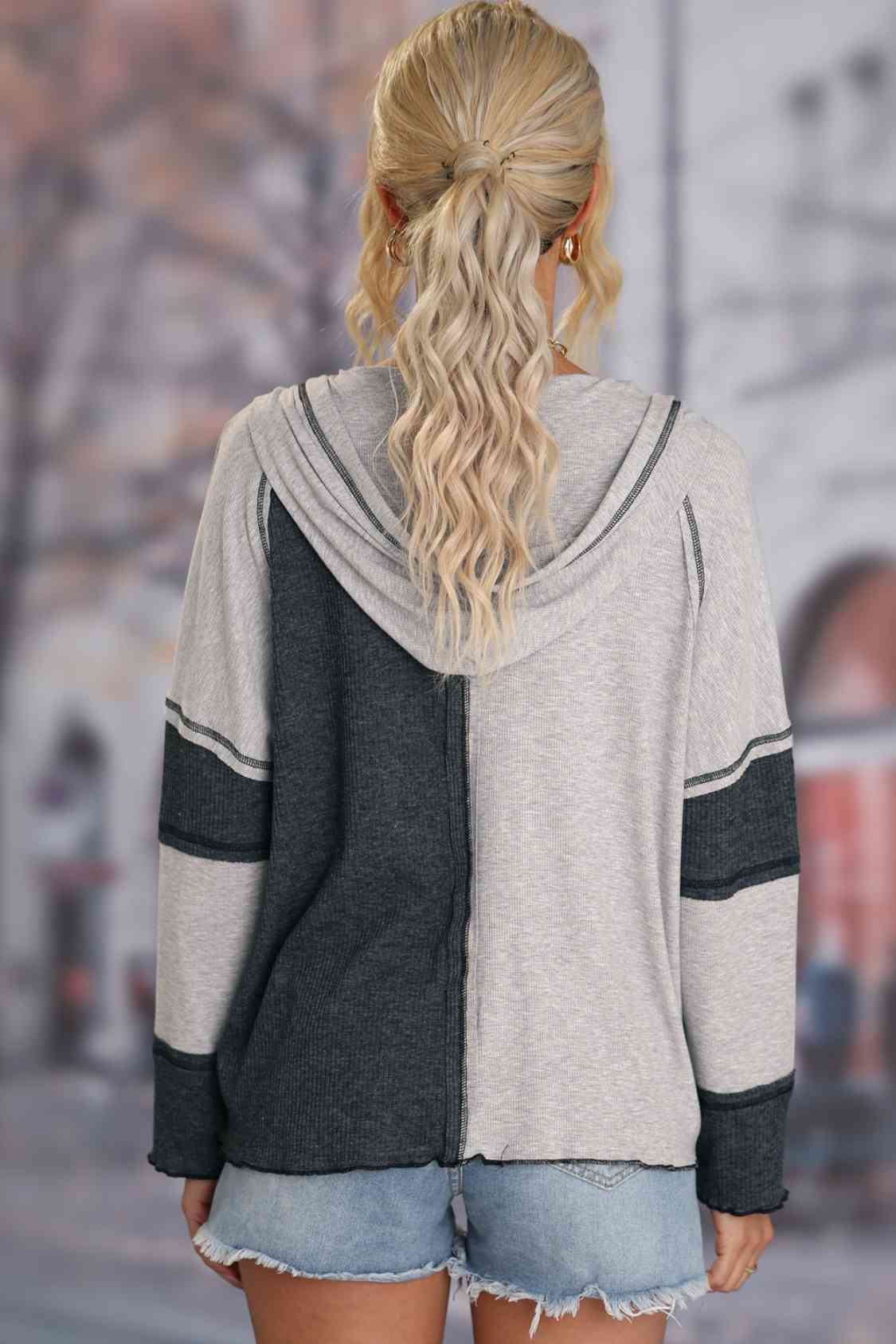 Exposed Seam Color Block Hoodie with Drawstring (2 Colors)  Krazy Heart Designs Boutique   