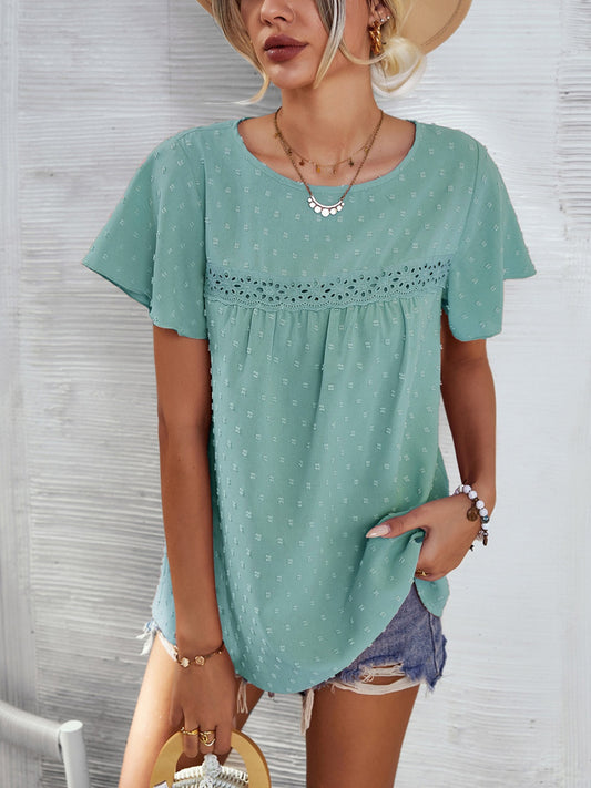 Lace Detail Swiss Dot Short Sleeve Blouse (2 Colors) Shirts & Tops Krazy Heart Designs Boutique Gum Leaf S 