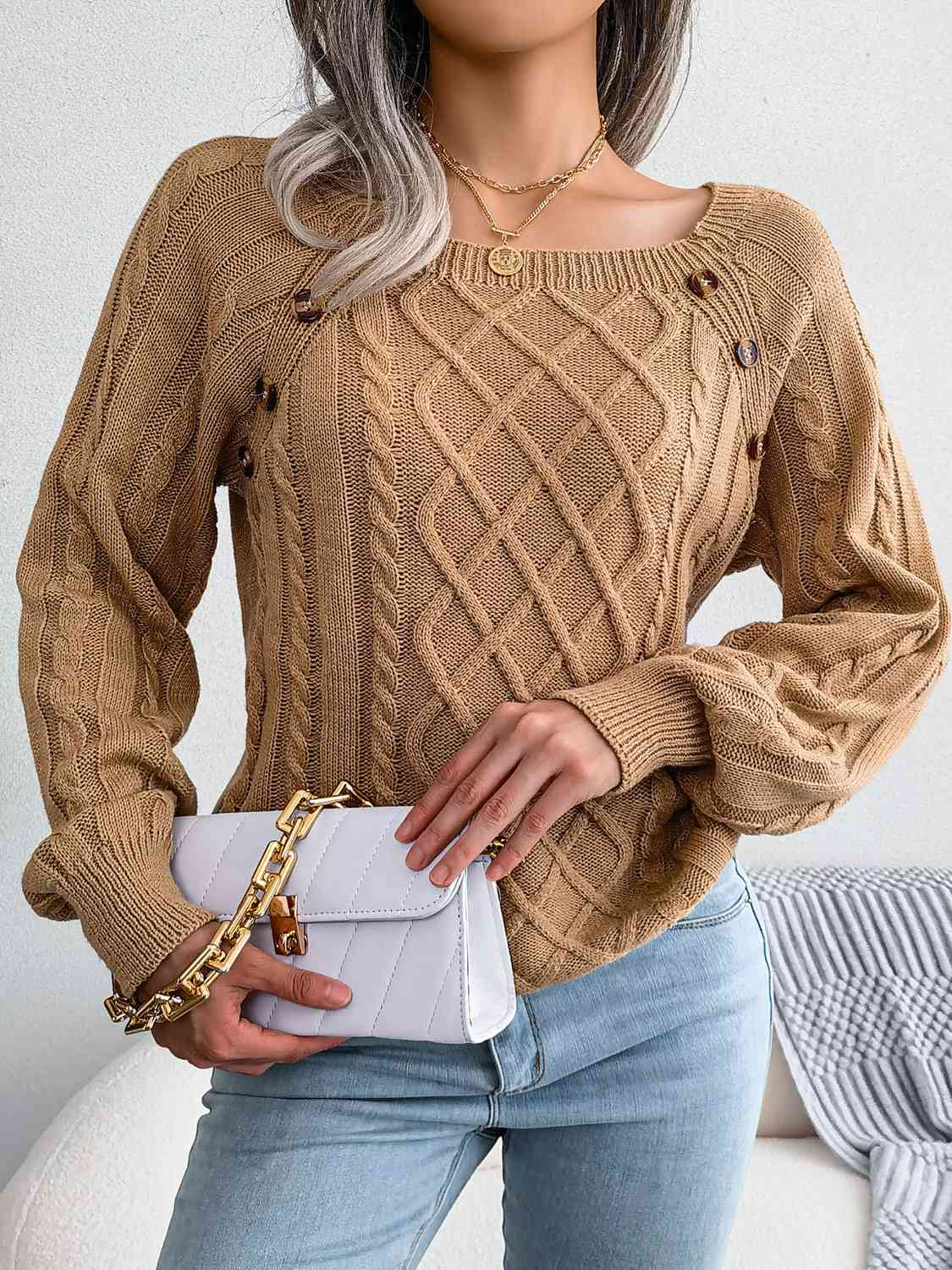 Decorative Button Cable-Knit Sweater (5 Colors) Shirts & Tops Krazy Heart Designs Boutique   