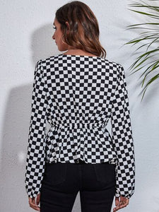 Checkered V-Neck Balloon Sleeve Peplum Blouse Shirts & Tops Krazy Heart Designs Boutique   