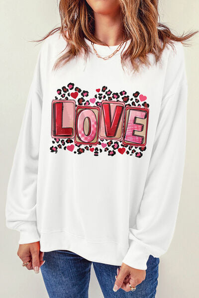 LOVE Round Neck Dropped Shoulder Sweatshirt Shirts & Tops Krazy Heart Designs Boutique White S 
