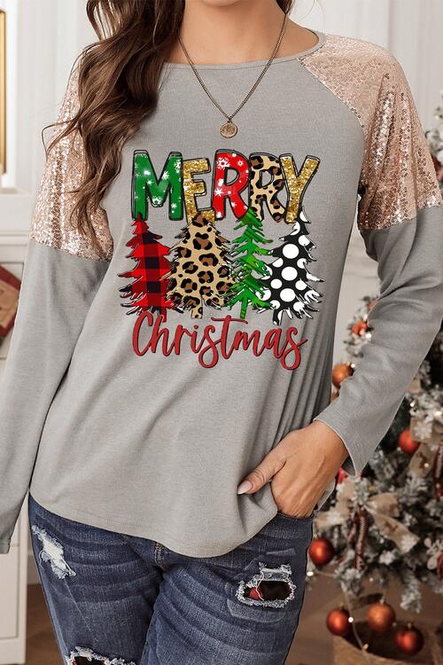 MERRY CHRISTMAS Sequin Round Neck Blouse Shirts & Tops Krazy Heart Designs Boutique Charcoal S 