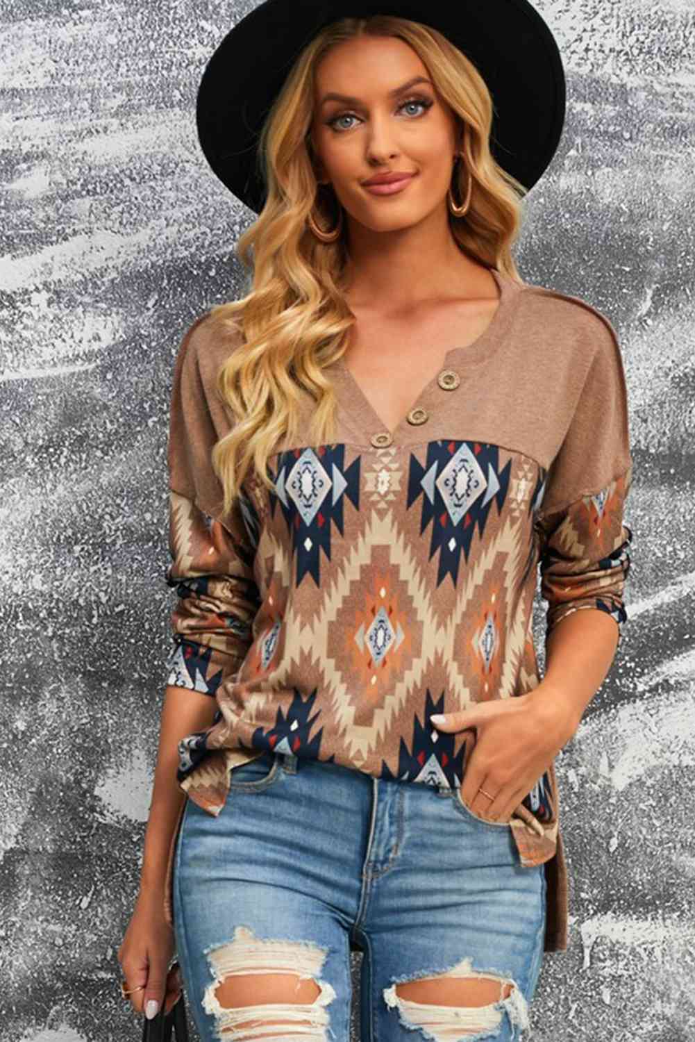 Brown Western Print Buttoned V Neck Top  Krazy Heart Designs Boutique   