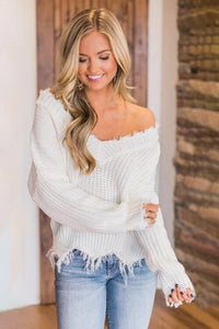 Frayed Hem Dropped Shoulder Sweater (10 Colors) Shirts & Tops Krazy Heart Designs Boutique White S 