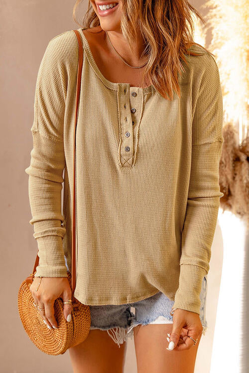 Waffle Knit Henley Long Sleeve Top (8 Colors) Shirts & Tops Krazy Heart Designs Boutique Tan S 
