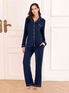 Collared Neck Long Sleeve Loungewear Set with Pockets (9 Colors) Loungewear Krazy Heart Designs Boutique Navy S 