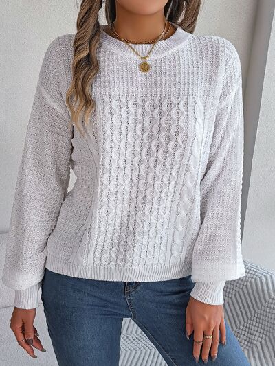 Cable-Knit Round Neck Long Sleeve Sweater (3 Colors) Shirts & Tops Krazy Heart Designs Boutique White S 