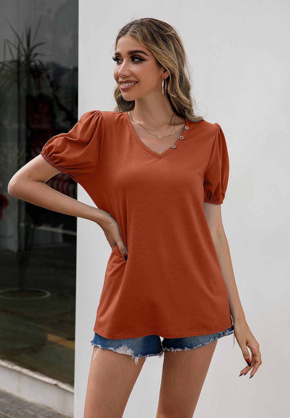 V-Neck Decorative Buttons Puff Sleeve Tee (4 Colors)  Krazy Heart Designs Boutique   