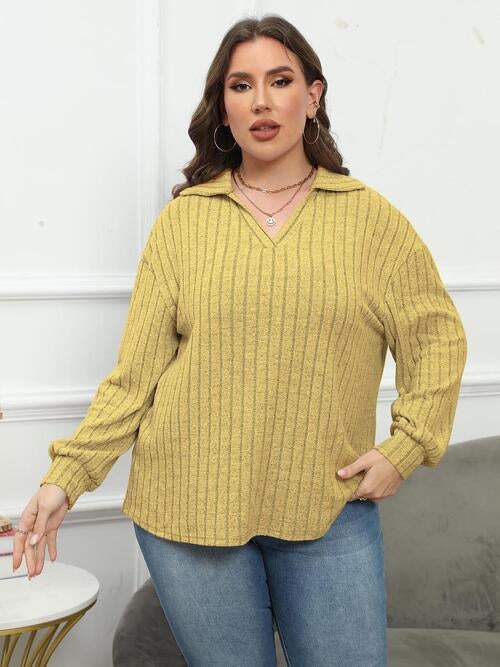 Plus Size Ribbed Collared Neck Long Sleeve Blouse (4 Colors) Shirts & Tops Krazy Heart Designs Boutique   