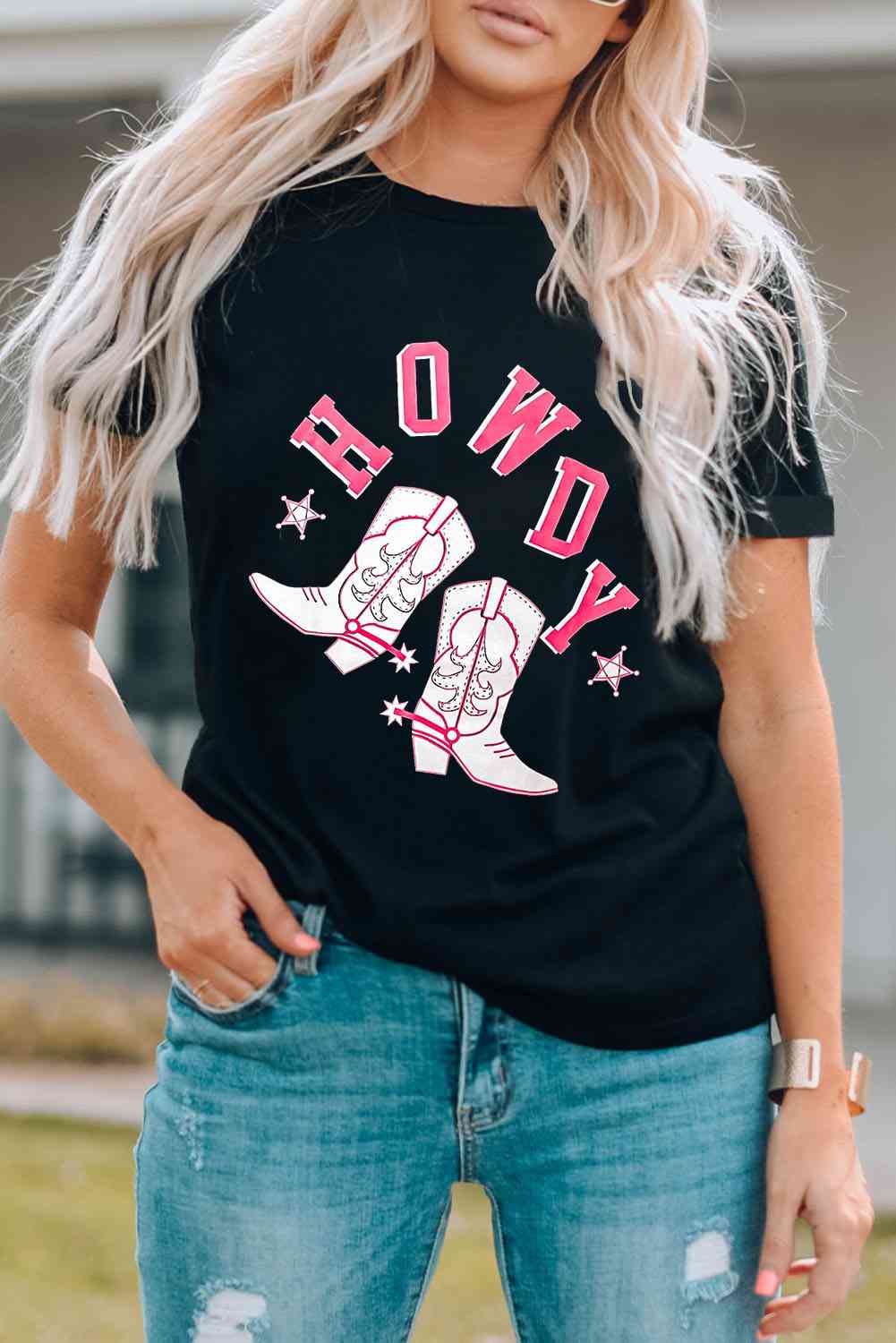 HOWDY Cowboy Boots Graphic Tee Shirts & Tops Krazy Heart Designs Boutique Black S 