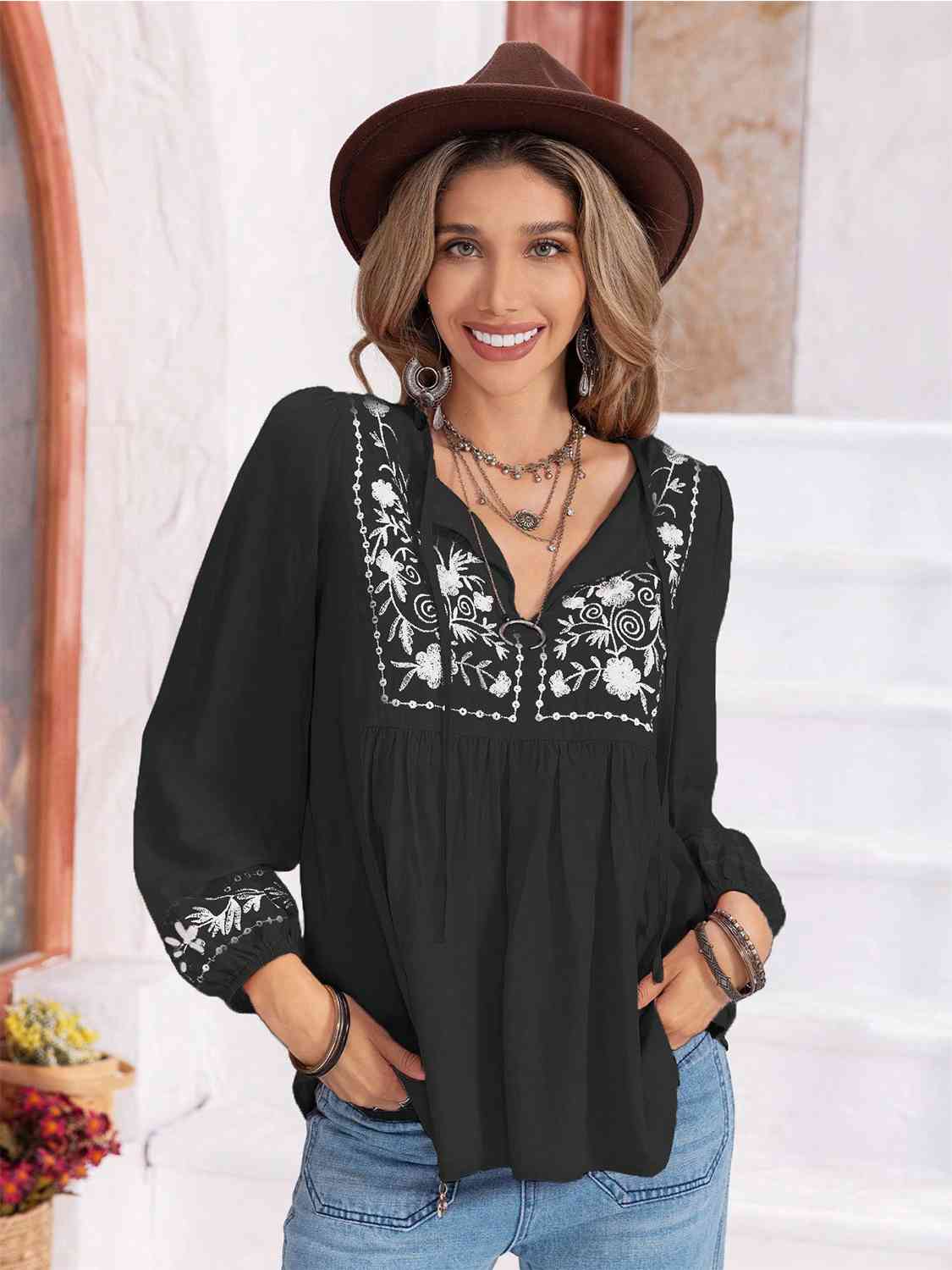 Floral Tie Neck Balloon Sleeve Blouse (6 Colors)  Krazy Heart Designs Boutique Black S 