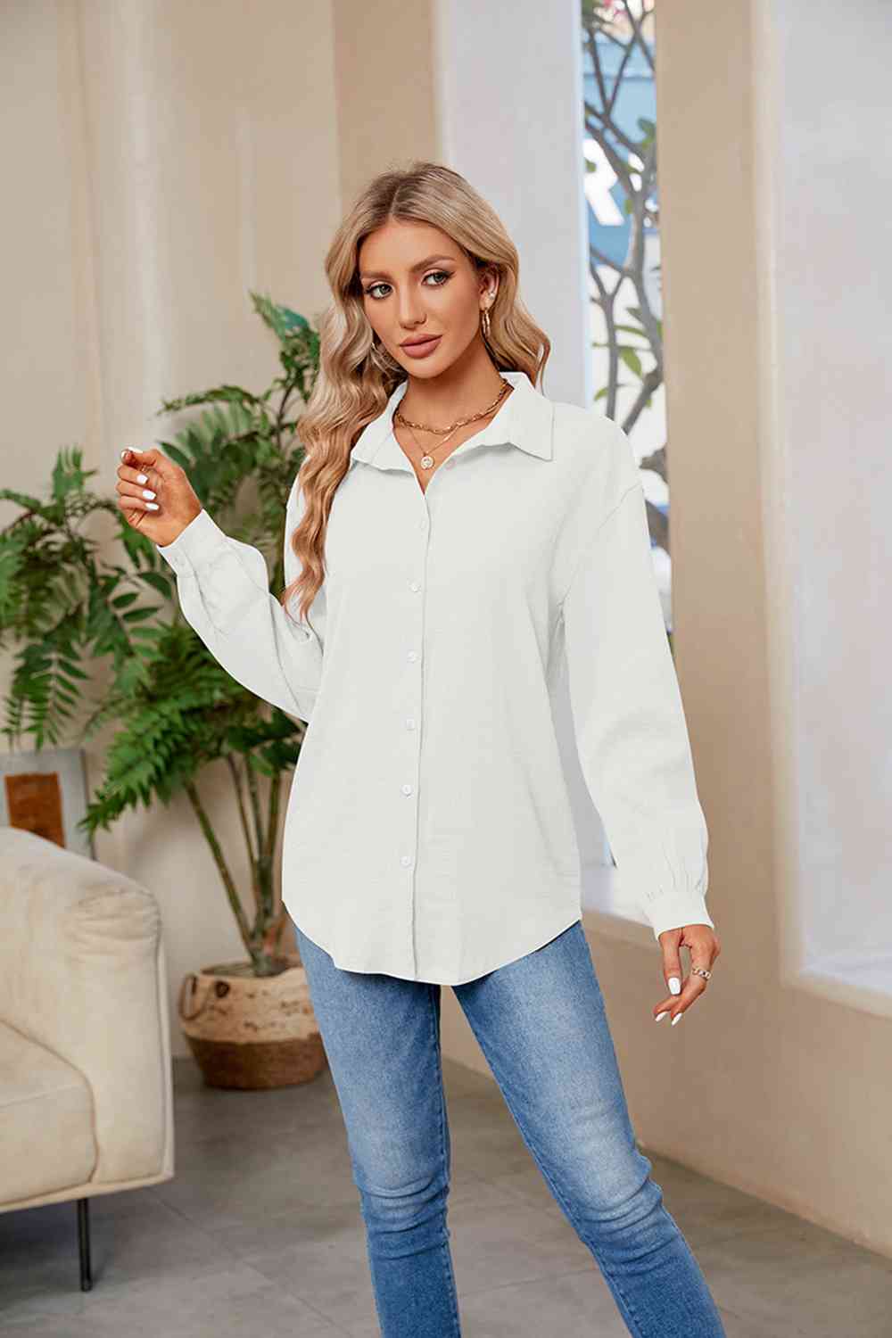 Collared Neck Buttoned Long Sleeve Shirt (4 Colors) Shirts & Tops Krazy Heart Designs Boutique White S 