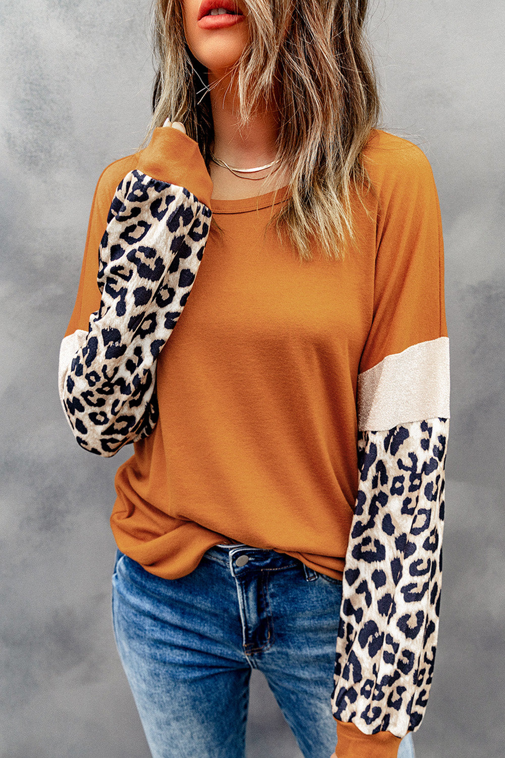 Round Neck Leopard Print Long Sleeve Top  Krazy Heart Designs Boutique Caramel S 