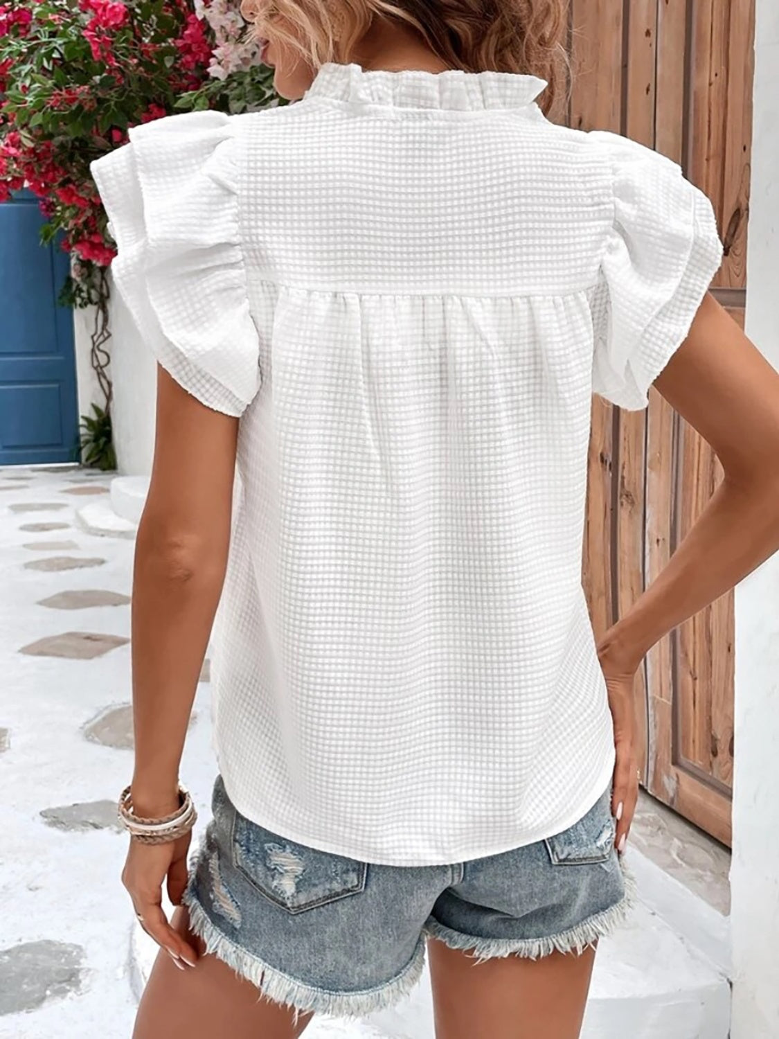 Ruffled Notched Cap Sleeve Blouse (3 Colors) Shirts & Tops Krazy Heart Designs Boutique   