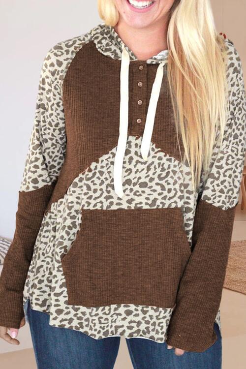 Drawstring Leopard Print Long Sleeve Hoodie Shirts & Tops Krazy Heart Designs Boutique   